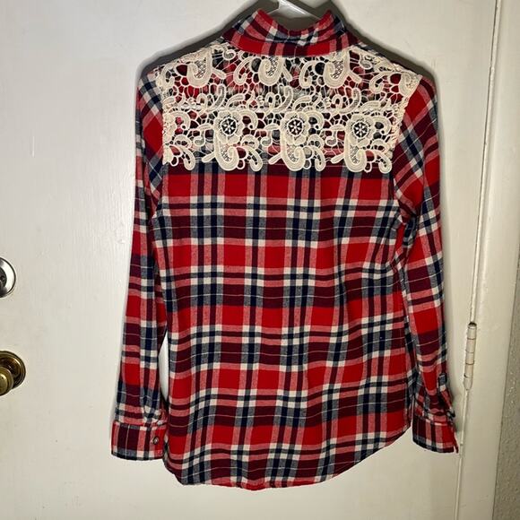 Rue21 Western Plaid Lace Long Sleeve Button Down Top M Costal Cowgirl Boho Chic - Picture 4 of 8